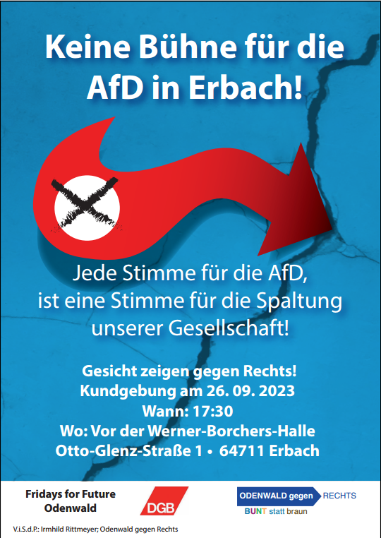 Keine Bühne für die AfD in Erbach. Gesicht zeigen gegen Rechts! Kundgebung am 26.9.2023