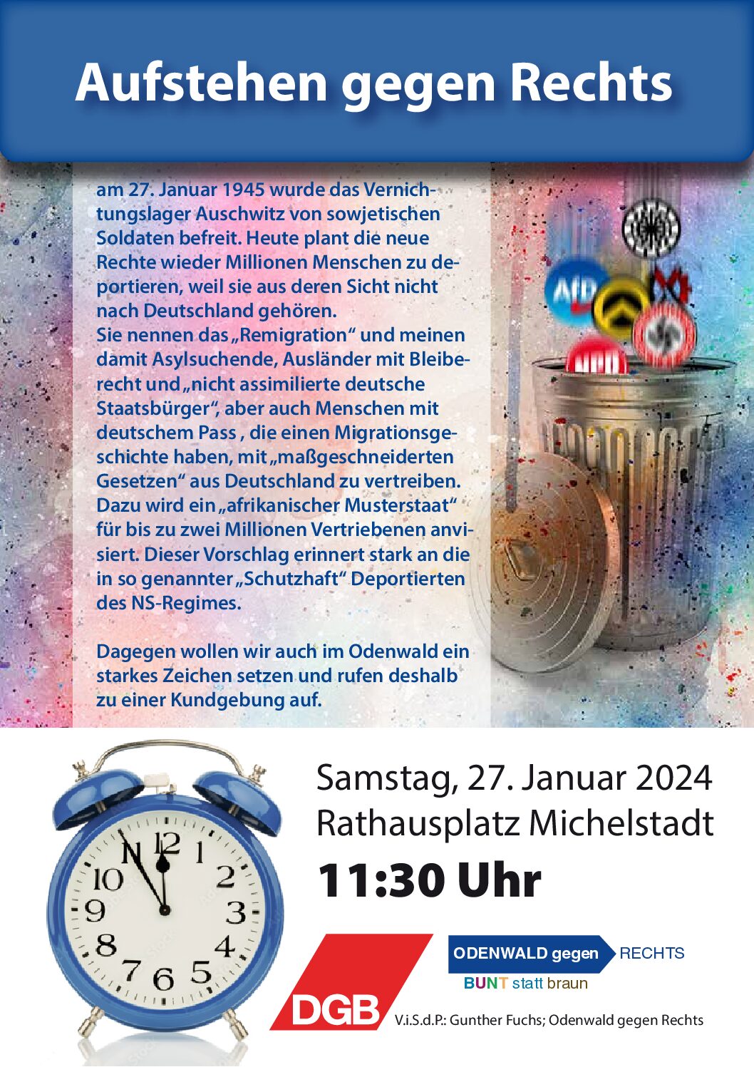 Kommt zur Kundgebung „Aufstehen gegen Rechts“ am 27.1. um 11:30 Uhr auf dem Rathausplatz in Michelstadt!